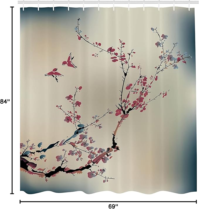 Ambesonne Nature Shower Curtain, Flowers Buds and Birds with Cherry Branches Style Artwork Painting Effect, Cloth Fabric Bathroom Decor Set with Hooks, 69" W x 84" L, Dried Rose