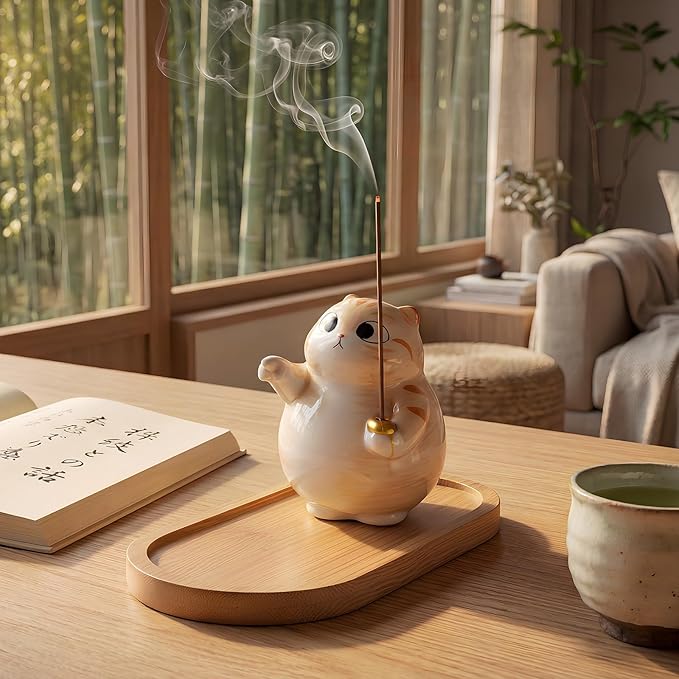 Cat Incense Holder - Cute Ceramic Incense Burner with Bamboo Ash Catcher Tray, Orange Tabby Cat Meditation Decor for Home Office, Zen Desk Accessories (3.4" L x 2.8" W x 3.5" H)