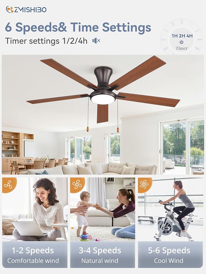ZMISHIBO Ceiling Fans with Lights, Low Profile Ceiling Fan with Pull Chain and Remote Control, Flush Mount, Reversible, Dimmable, Noiseless, Black Pull Cord Ceiling Fan for Bedroom(60inch Brown)