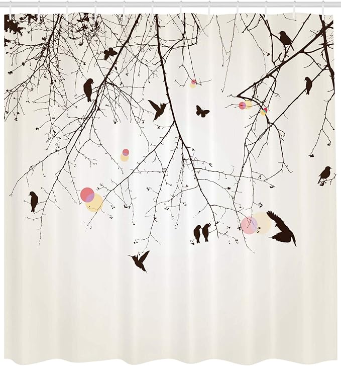 Ambesonne Nature Shower Curtain, Tree Branches Birds and Flowers Floral Spring Season Sunbeams Circles Art, Cloth Fabric Bathroom Decor Set with Hooks, 69" W x 70" L, Pink