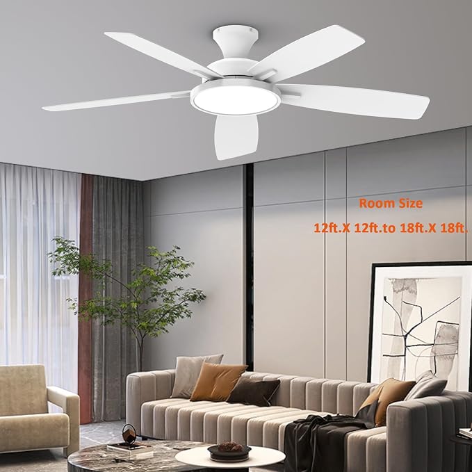 TALOYA 52 inch Ceiling Fans with Lights and Remote, Low Profile Ceiling Fan with Light, Flush Mount, Reversible, 3CCT, Dimmable, Ultra Quiet White Ceiling Fan for Bedroom Living Room Indoor Outdoor