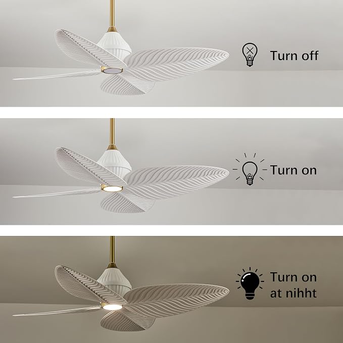 52" Tropical Ceiling Fans with Lights, Indoor Palm Leaf Ceiling Fan with Light and Remote for Living Room Bedroom, ABS Blades, Dimmable LED Lights, 6 Speeds, Adjustable Height-White Gold