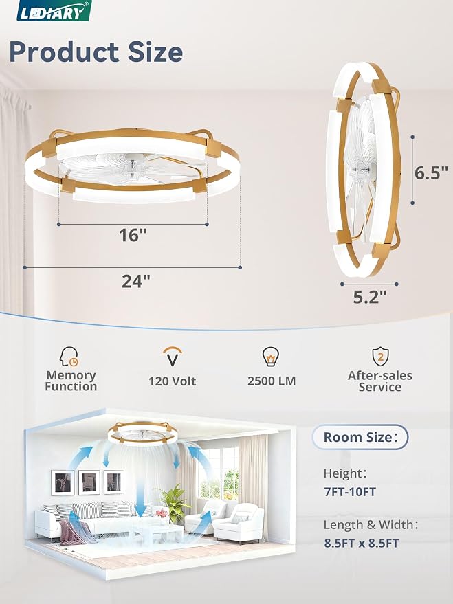 LEDIARY 24" Ceiling Fans with Lights and Remote, Modern Low Profile Ceiling Fan, 3 CCT, Stepless Dimmable, Fandelier Flush Mount Fan Light, 6 Speeds, DC Motor, App & Remote Control for Bedroom(Gold)