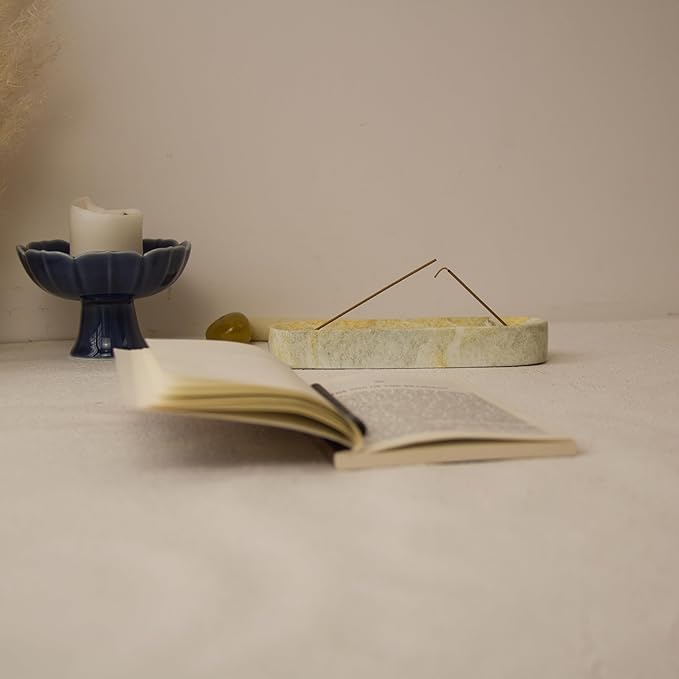 Marble-Patterned Concrete Incense Holder, with A Box of Jasmine Incense, 7.1 Inch Catches Falling Incense Ash, A Poetic and Artistic Gift for Yoga＆Meditation(GreenYellow)