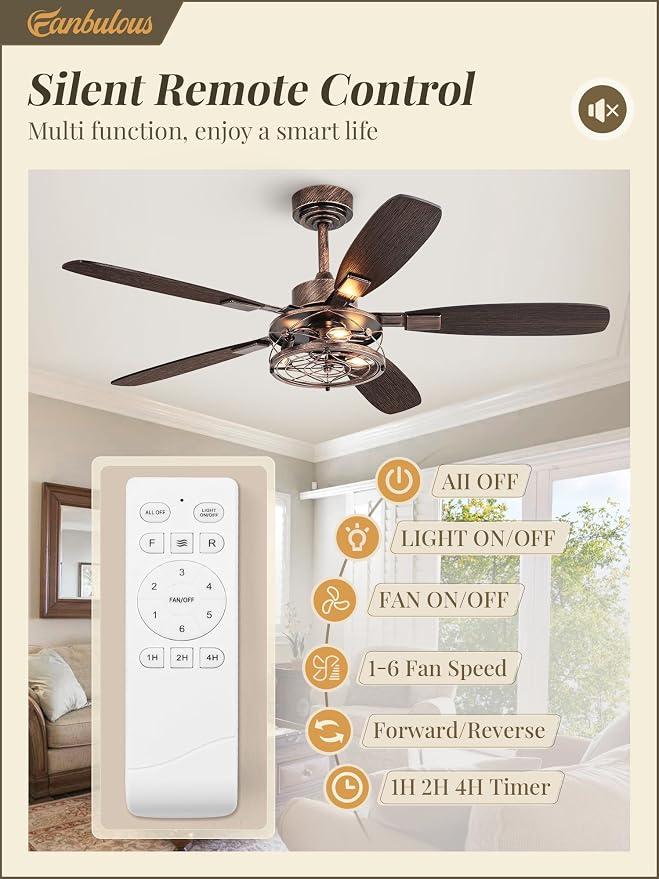 Farmhouse Ceiling Fan with Light and Remote, Industrial Caged Flush Mount Ceiling Fans with 6 Speed Reversible Motor and Dual Finish 5 Blades, for Living room, Bedroom (Black and Gold, 52Inch)