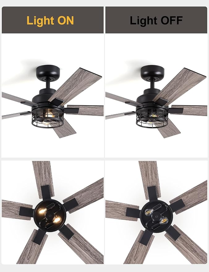 46 Inch Farmhouse Ceiling Fans with Lights and Remote, Black Industrial Caged Rustic Ceiling Fans for Bedroom, Living Room, 6-Speed Reversible Quiet DC Motor, Rustic Design