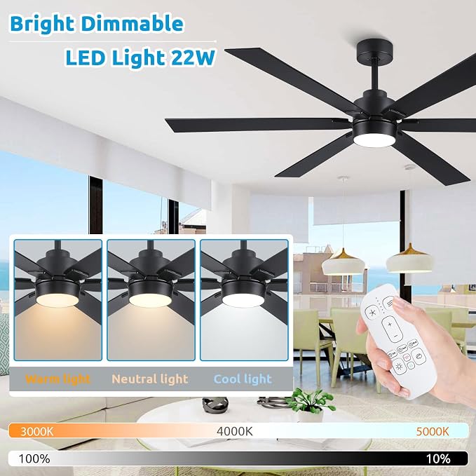 66 Inch Outdoor Ceiling Fans for Patios with Lights Damp Rated, Large Modern Black Ceiling Fans with 6 Blades, High CFM Quiet Reversible DC Motor, for Indoor Living Room Commercial Exterior Gazebo