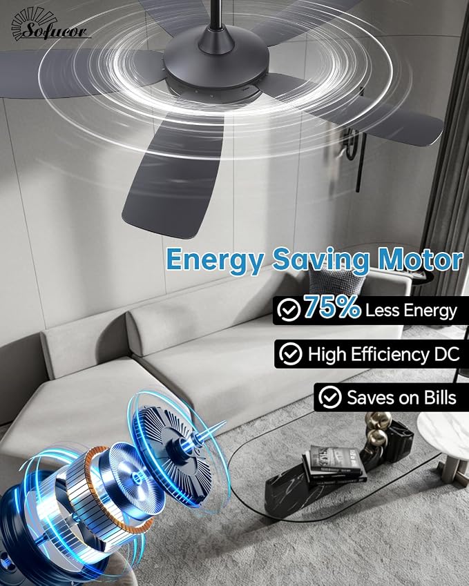 Sofucor 42 Inch Ceiling Fans with Lights-Modern Black Small Bedroom Ceiling Fan with Remote Control, Plug-in Blades Quick Install, Quiet DC Motor,Outdoor ABS Ceiling Fan for Kitchen/Living Room/Patios