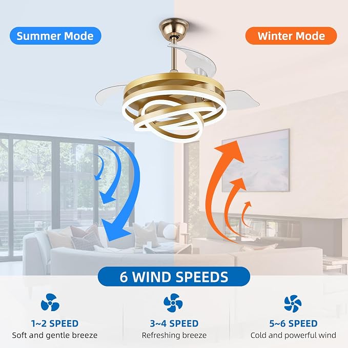 42 Inch Retractable Ceiling Fan with Lights, Fandelier Gold Ceiling Fan with 6 Speeds,3000K-6000K Adjustable,DC Motor,Chandelier Ceiling Fans with Lights and Remote for Bedroom Living Room