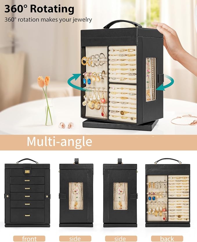 AKOZLIN 6-Tier Jewelry Box Organizer Functional 5 Drawers Leather Jewelry Storage Case for Women Girls Ring Necklace Earring Bracelet Holder Organizer with Mirror Black 360° Rotating