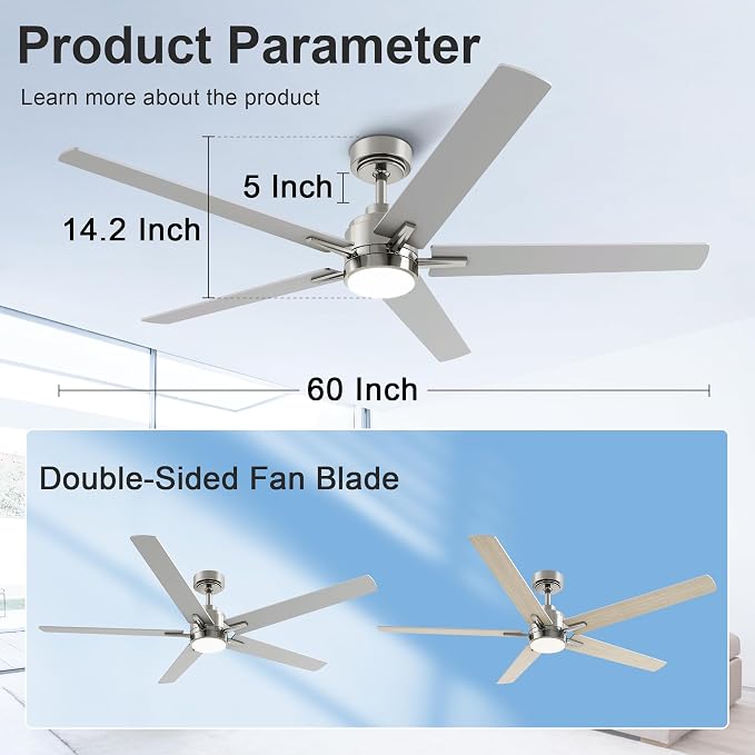 60 Inch Brushed Nickel Ceiling Fan with Light and Remote Control | 6 Speeds Reversible,Dimmable LED,3CCT,5 Blades,Quiet DC Motor Ceiling Fans for Indoor or Covered Outdoor Use