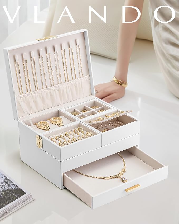 VLANDO 3 Layer Jewelry Box - Women Jewelry Box with Retractable Tray - Jewelry Organizers with Drawer for Necklaces, Rings, Bracelets, Earrings, Gift for Couples Mom Girls - White