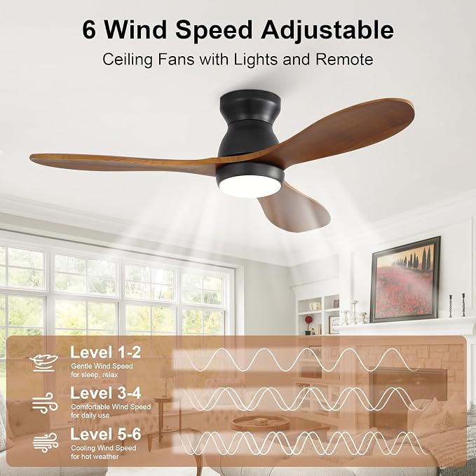 42 Inch Ceiling Fan with Light and Remote & APP Control, 3 Wooden Blades, 6 Wind Speeds, Quiet DC Motor, Indoor Flush Mount Ceiling Fan for Bedroom Living Room Farmhouse Patio