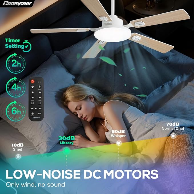 Conciseer 52 Inch Ceiling Fans with Lights and Remote for Bedroom Living Room Kitchen Office, Indoor/Outdoor Use, 6CCT Dimmable, 5 Blades, 6 Speed Reversible Quiet DC Motor, White/Wood Grain