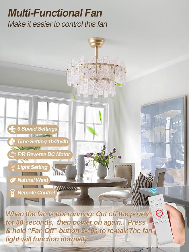 20" Gold Fandelier Ceiling Fan with Light,Gold Crystal Chandelier Ceiling Fans with Lights and Remote Control,Mid-Century Modern Caged with 6 Speeds for Living Room Bedroom Nursery