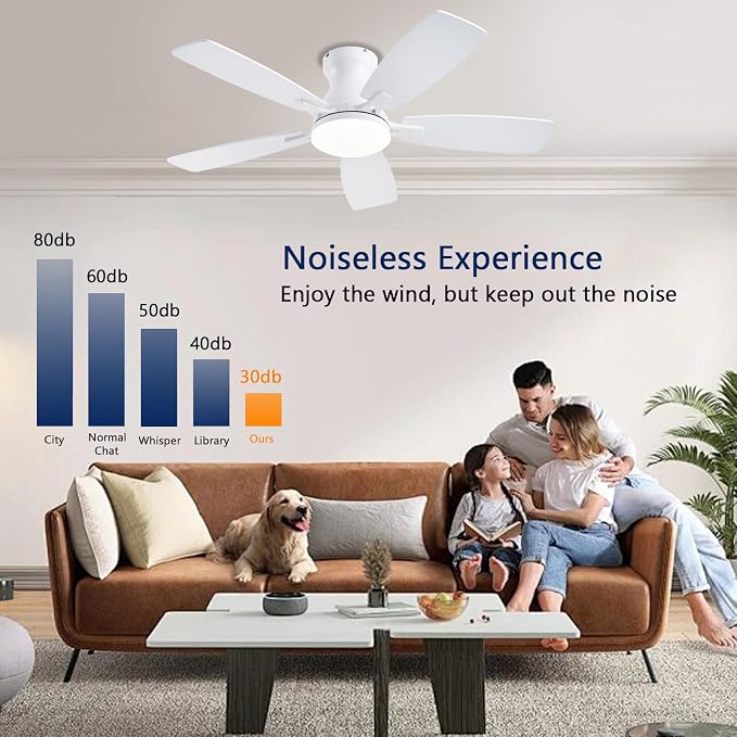 JSAITEE Ceiling Fans with Lights, 42 Inch Low Profile Ceiling Fan with Light and Remote Control, Flush Mount, DC Reversible Motor, Noiseless, White 6 Speeds Ceiling Fan for Bedroom