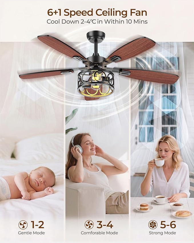 Ceiling Fans with Lights and Remote, 42'' Vintage Caged Ceiling Fan with Light, 5 Blades, 6+1 Speed, Flush Mount Ceiling Fan Whisper-quiet for Farmhouse, Living Room, Kitchen and Porch (42 Inch)