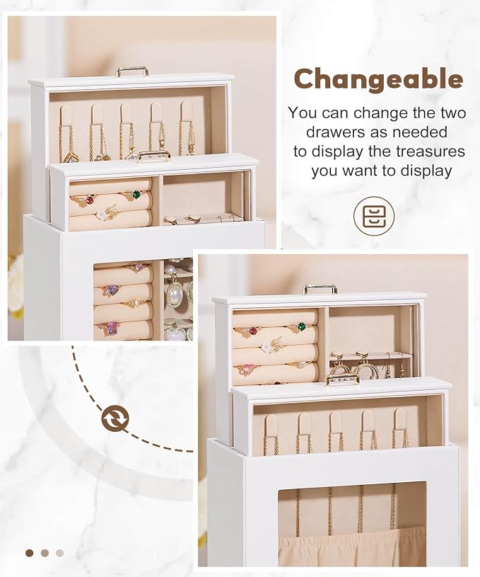 Homde Display Jewelry Box for Girls: Starter Organizer with Clear Window | Vertical Drawers for Earrings Rings Necklaces - Compact Footprint Fits Small Vanities - Birthday&Graduation Gift for Teens
