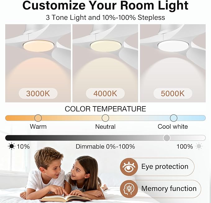 52" White Wood Flush Mount Ceiling Fans with Lights and Remote,Quiet DC Motor,Dimmable,Reversible,Ultra Low Profile Ceiling Fan for Master Bedroom Living Room Patio,Modern Indoor/Outdoor Use