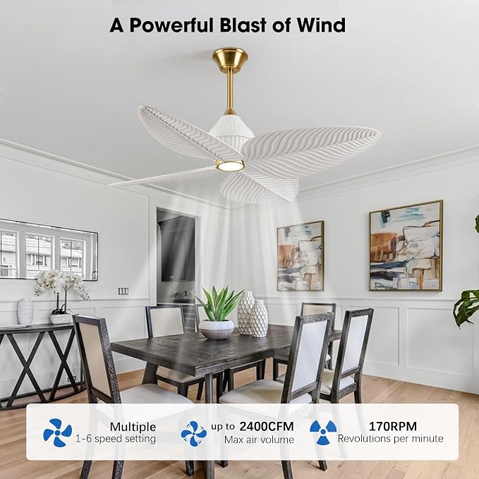 52" Tropical Ceiling Fans with Lights, Indoor Palm Leaf Ceiling Fan with Light and Remote for Living Room Bedroom, ABS Blades, Dimmable LED Lights, 6 Speeds, Adjustable Height-White Gold