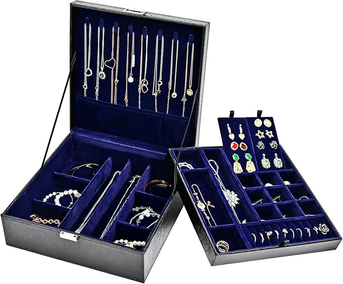 ProCase 2 Layers Jewelry Box for Women -Lizardblack | Large Leather Jewelry Organizer Storage Case with Removable Pad for Earrings