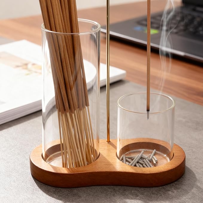 2-in-1 Incense Holder for Sticks, Incense Burner Holder with Glass Ash Catcher & Stick Storage, Bedroom House Yoga Meditation Zen Decor, Spa Gifts for Women, Unique Cozy Home Decor, Natural Wood