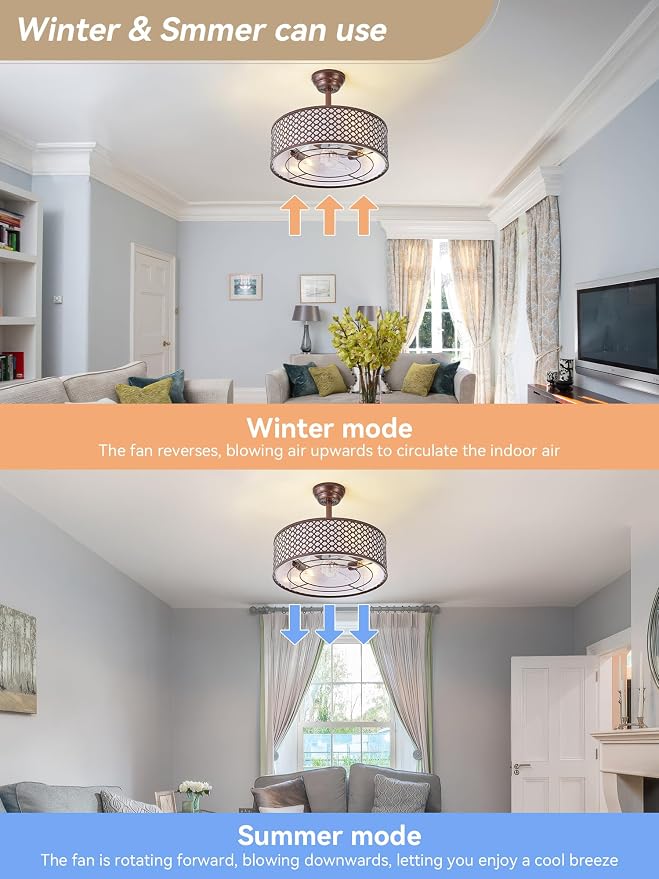 Brown Fandelier Ceiling Fan with Light, 20" Caged Boho Ceiling Fans with Lights and Remote, Mid Century with 6 Speeds for Bedroom, Living Room, Nursery