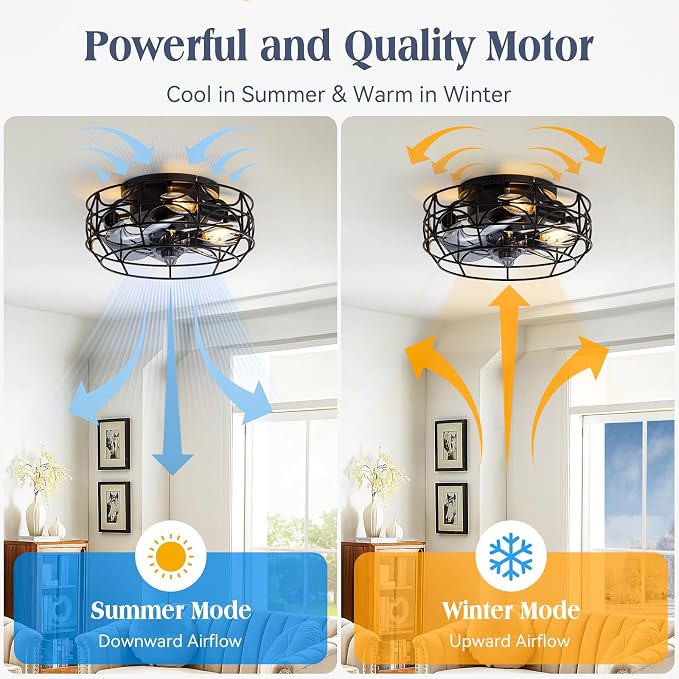 Black Caged Ceiling Fans with Lights and Remote,6 Speeds,12 inch Industrial Flush Mount Ceiling Fan with Light，Modern Bladeless Fan Lights Ceiling Fixtures for Kitchen, Bedroom,Indoor