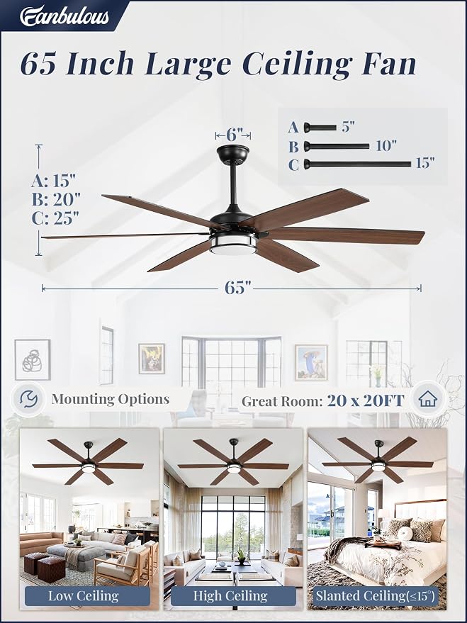 Fanbulous 65 Inch Ceiling Fans with Lights, Farmhouse Large Ceiling Fans with Remote, Black&Brown Modern Ceiling Fan with LED Light, Quiet DC Motor for Living Room, Bedroom, Kitchen, Indoor