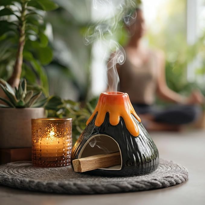 Potiera Small Volcano Incense Holder, Handmade Ceramic Palo Santo Holder for Meditation Spa Yoga Decor, Backflow and Cone Incense Burner for Home and Office Decor, Spiritual Gifts for Women Men
