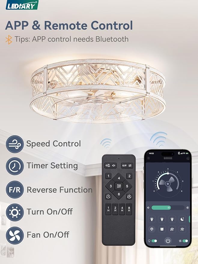 LEDIARY 23" Caged Ceiling Fan with Light, Large Flush Mount, App&Remote Control, Low Profile Bladeless Fan Light Fixture 6 Speed, Reversible and Quiet Motor-White Gold