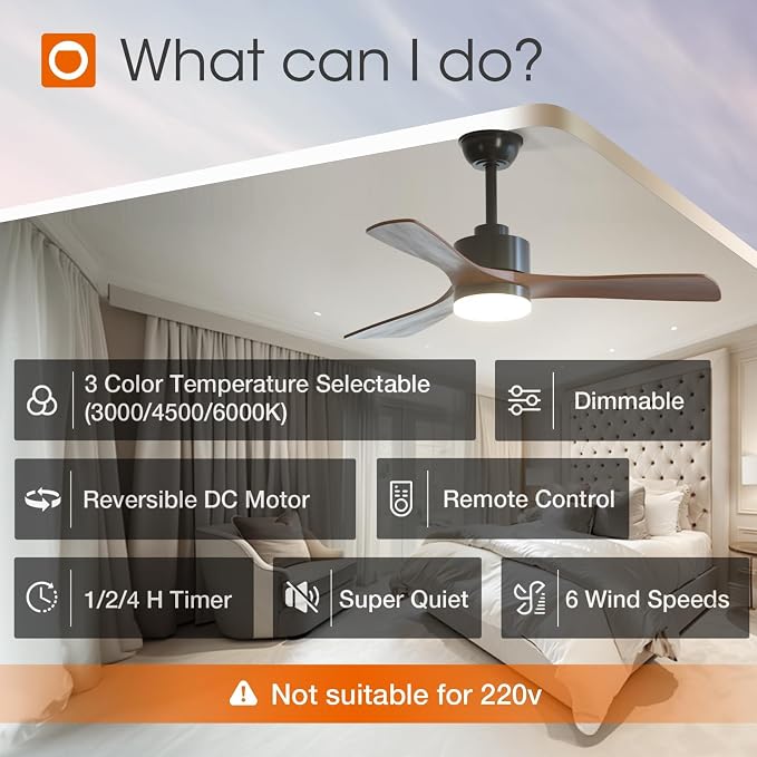 addlon 42 inch Ceiling Fans with Lights and Remote Control, Reversible, 3 Wood Blades, 6 Speeds, 3CCT Dimmable, Noiseless, Indoor/Outdoor Black Walnut Ceiling Fan for Bedroom Living Room Gazebo Patio
