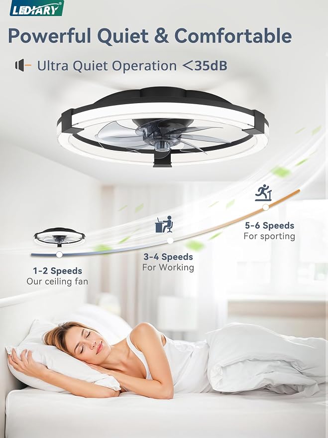 LEDIARY Ceiling Fans with Lights, 20 Inch Low Profile Ceiling Fan with Remote, 6 Speeds, Reversible, Dimmable Flush Mount Fan Light, Modern Fandelier Ceiling Fan with Lights for Bedroom, Black