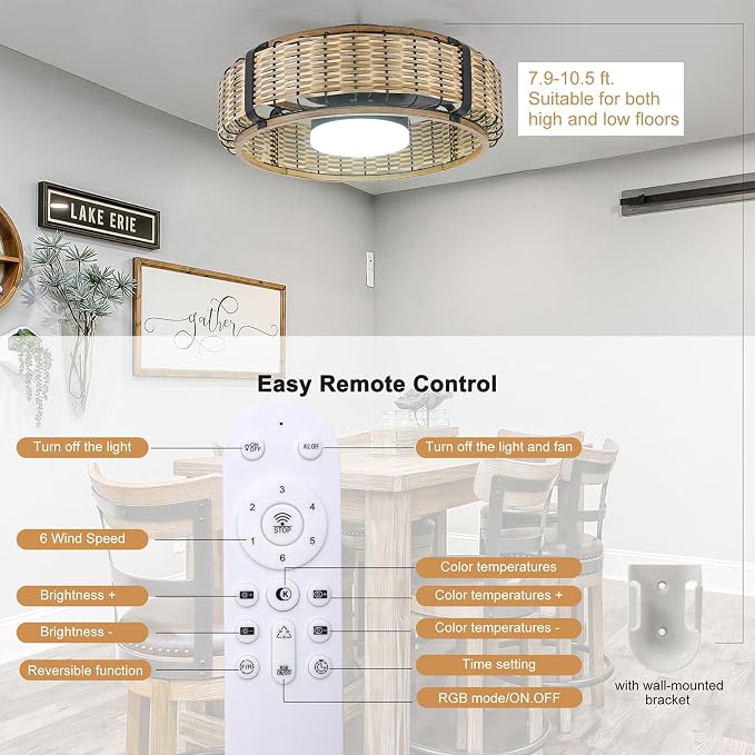Ganeed 20" Bamboo LED Dimmable Ceiling Fan with Light and Remote Control, Boho Rattan Caged Ceiling Fans with Lights 6 Speed/Timer/RGB Flush Mount Fandelier for Kitchen Living Room Indoor Bedroom