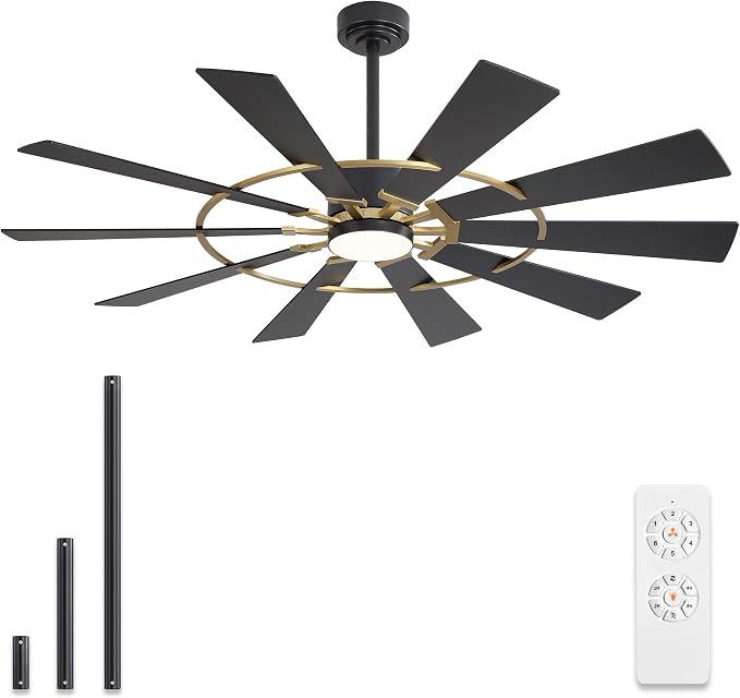 WINGBO 72" Windmill Ceiling Fan with Lights, 3 Downrod, 6-Speed Reversible DC Motor, 3CCT, 10 Blade Indoor Farmhouse DC Ceiling Fans for Kitchen Bedroom Living Room Patio, Aged Brass and Black