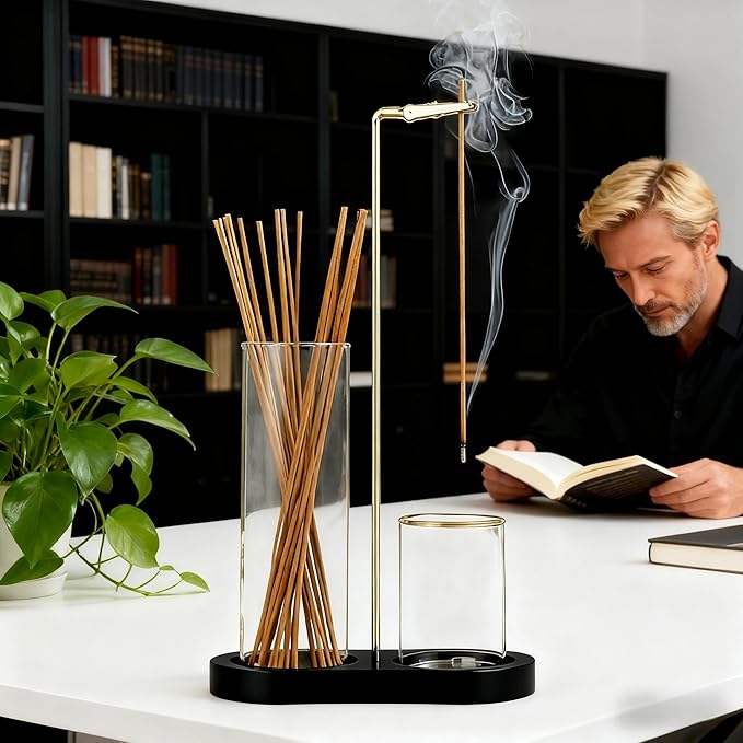 Glass Incense Holder, Incense Sticks Burner Holder with Storage,Hang Upside Down Incense Holder for Sticks with Glass Ash Catcher for Meditation Yoga Spa Room Decor (Black Color)
