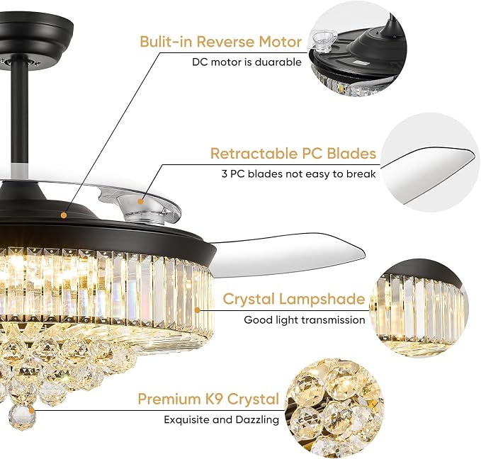 FIDGRA 52 Inch Fandelier Ceiling Fan with Light, Retractable Chandelier Fan, 3 Color Temperature, 6 Wind Speed, Crystal Ceiling Fan for Bedroom Living Room Dining Room-Black