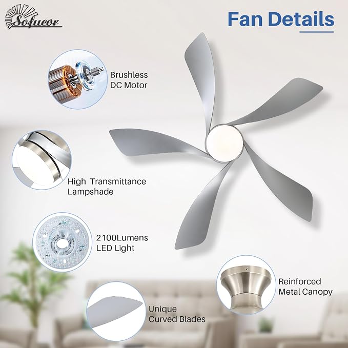 Sofucor Smart 42'' Low Profile Ceiling Fan with Lights and Remote, Flush Mount Ceiling Fan Work with APP/Alexa/Google for Modern Bedroom Living Room Patio, Dimmable LED Quiet Reversible DC Motor