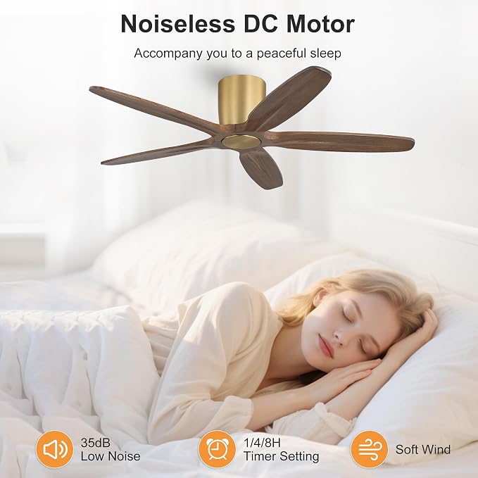 WINGBO 54" Flush Mount Ceiling Fan No Light - 5 Carved Solid Wood Blades, 6-Speed Reversible DC Motor, Dimmable, 3CCT, Low Profile Ceiling Fans without Lights for Bedroom Living Room, Gold and Walnut