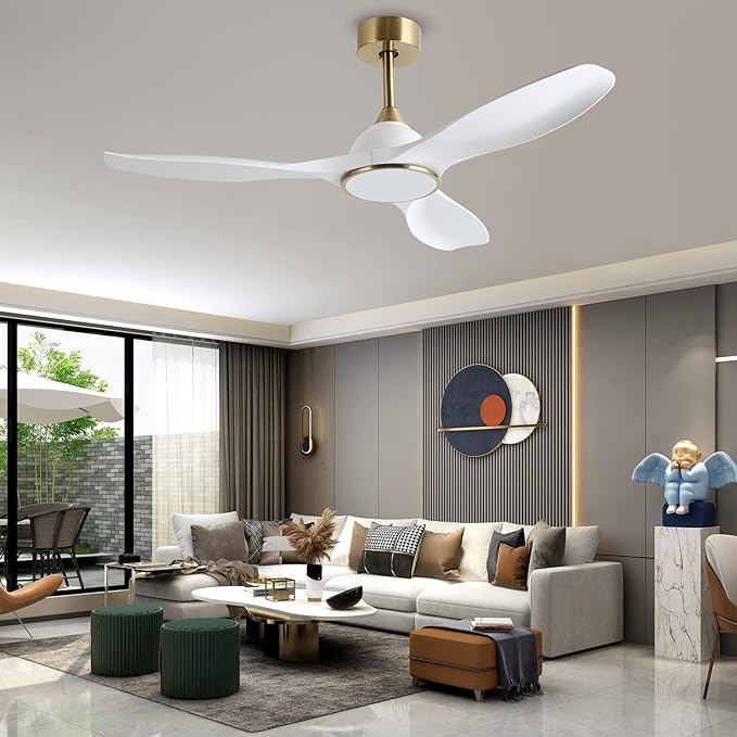 52 Inch High CFM Modern White Gold Ceiling Fan with Lights Remote Control | 6 Speed, Quiet DC Motor, 3 Blade Indoor Bedroom Living Room Ceiling Fan