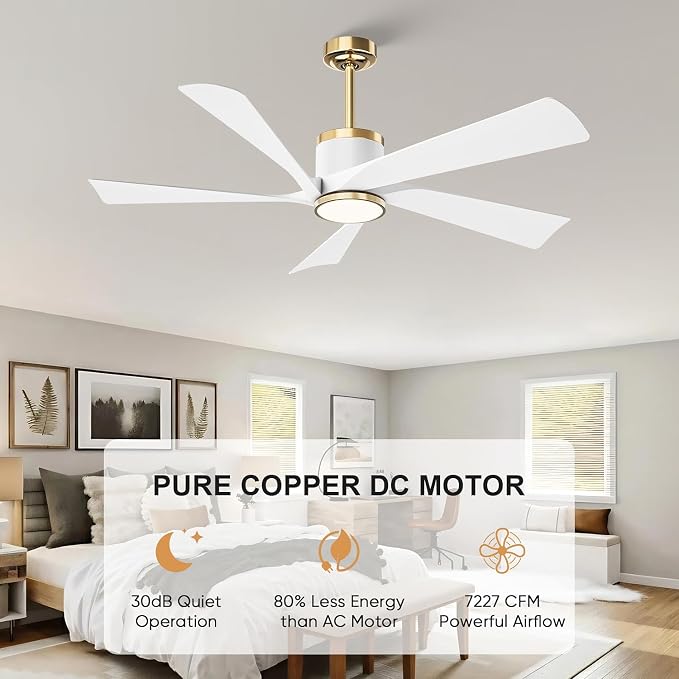 TXCSLY 52" Ceiling Fans with Lights and Remote, Modern Ceiling Fan with Light, Indoor Outdoor Ceiling Fan for Living Room, Bedroom, 5 Blade 3 Color Temperature LED Dimmable (White & Gold)