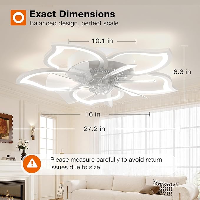 addlon Ceiling Fans with Lights and Remote, 27'' Low Profile Flush Mount Ceiling Fan, 3000–6000K Dimmable LED Fandelier, Flower Fan Light for Bedroom, Kitchen, Living Room, White
