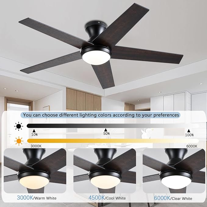 Ayaoty Ceiling Fans with Lights, 52" Low Profile Indoor Ceiling Fan with Light and Remote Control, Dimmable, Noiseless, Reversible, Brown Ceiling Fan for Bedroom, Indoor/Outdoor Use