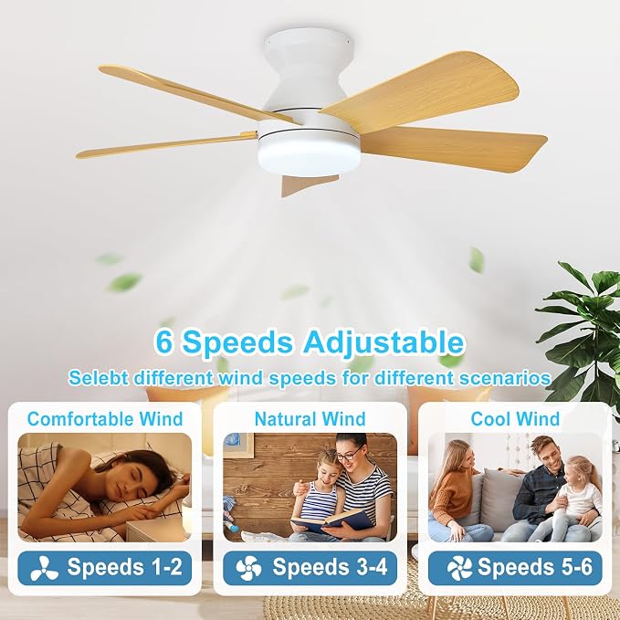 Depuley Modern Ceiling Fan with Light: 35-Inch White Small Fans for Bedroom Indoor Outdoor - Dimmable Low Profile Ceiling Fans with Remote Control Flush Mount 5 Reversible Wood Blades 6 Speeds Timer