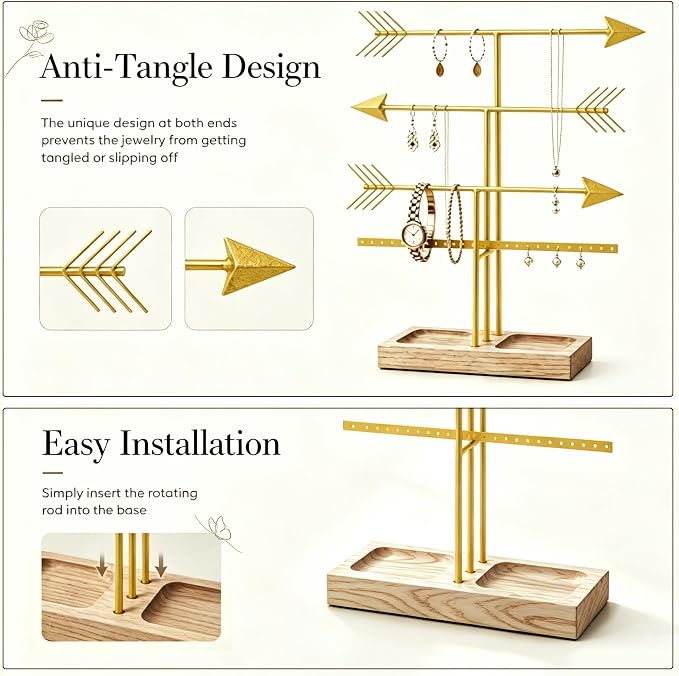 Urban Deco Arrow Jewelry Organizer Stand 4-Tier Gold Jewelry Stand Necklace Organizer With Wooden Ring Holder For Jewelry Display Bracelet Holder Stand Earring Organizer For Girls - Gold