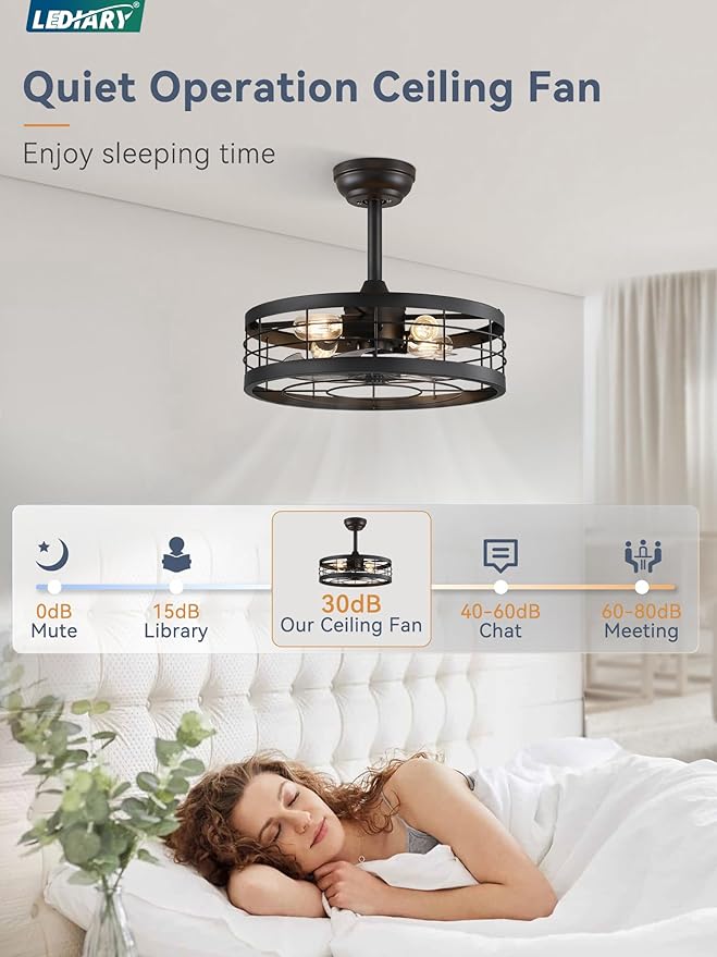 LEDIARY 18 inch Black Caged Ceiling Fan with Light, Bladeless Industrial Ceiling Fan with Remote, Farmhouse Fan Lights Ceiling Fixtures for Kitchen, Bedroom, Outdoor（6 Speed, Timing）-Black