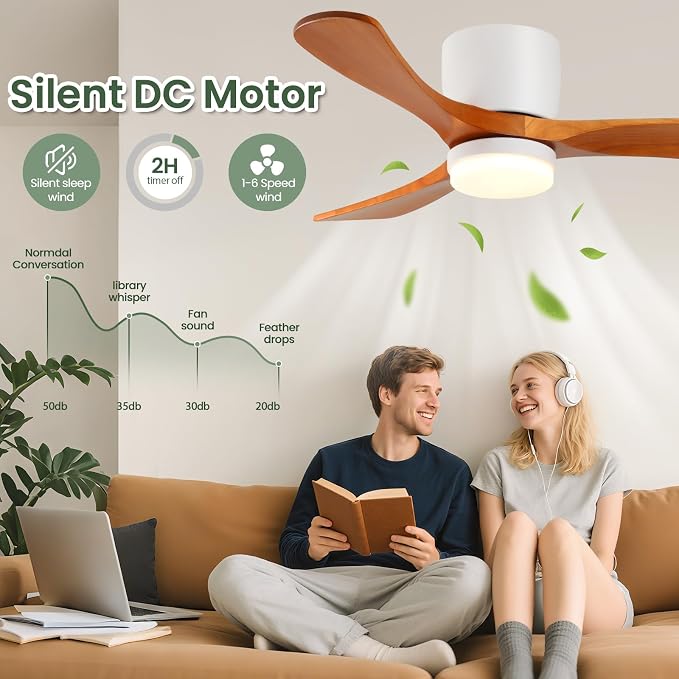GESUM 42" Flush Mount Ceiling Fan with Lights3 Wood Blades, Reversible,Dimmable, Low Profile Ceiling Fan with Remote Control for Living Room Kitchen Bedroom(White+Wood)