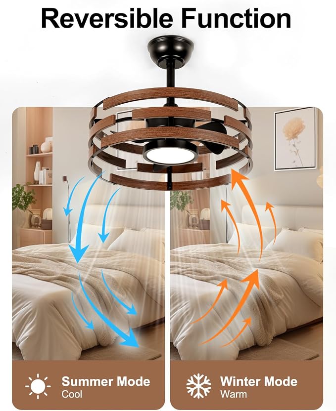 Roomratv Farmhouse Fandelier Ceiling Fan with Lights, 20'' Caged Bladeless Ceiling Fan with Remote, Enclosed Small Fan Light Fixtures for Bedroom Living Room