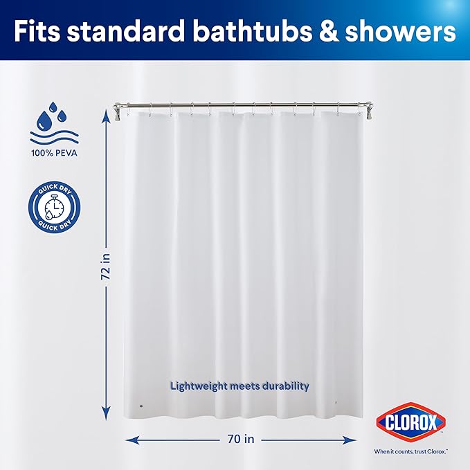 Clorox Shower Curtain Liner, Premium Lightweight Flexible Waterproof 3g PEVA for Bathroom with Weighted Magnets, Standard Size 70" x 72", White 2 Pack