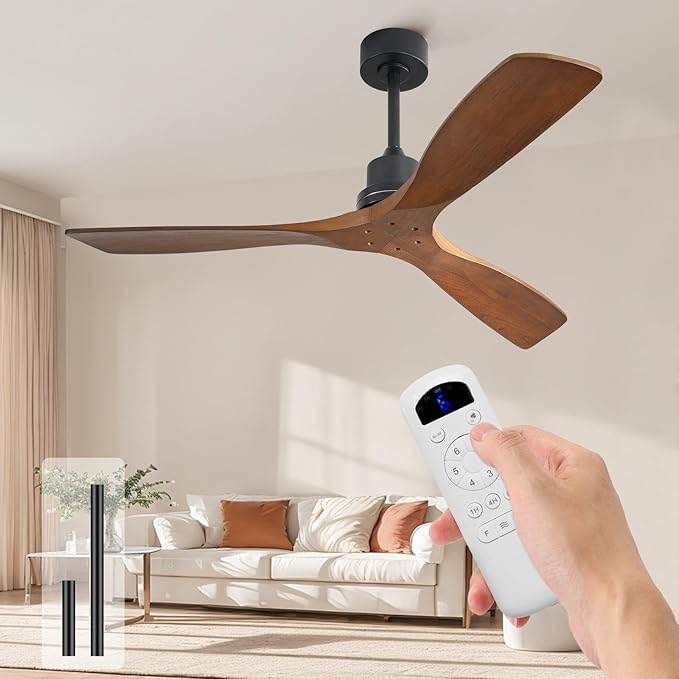 Sofucor Ceiling Fan no Lights, 52 Inch Low Profile Flush Mount Ceiling Fans with Remote, Modern Wood Ceiling Fan for Bedroom Indoor Outdoor, 6-Speed Reversible DC Motor Dimmable Timer